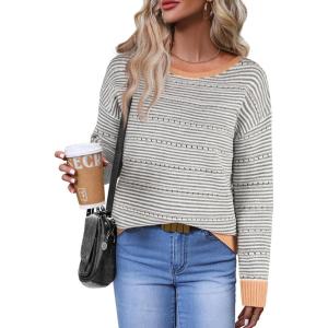 Zeagoo Womens Sweaters Cute Long Sleeve Off The Shoulder Pullover Tops Hollow Out Crochet Dressy Casual Outfits(Gray Stripe)