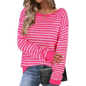 Zeagoo Womens Sweaters Cute Long Sleeve Off The Shoulder Pullover Tops Hollow Out Crochet Dressy Casual Outfits(Hot Pink Stripe)