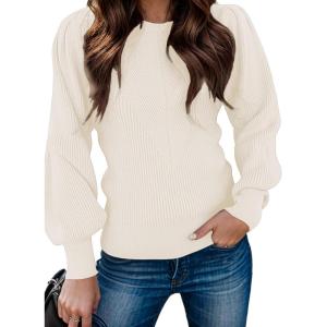 Zeagoo Womens Sweaters Fall 2026 Dressy Casual Long Sleeve Shirts Ribbed Knit Winter Outfits Puff Pullover Jumper Tops(A Apricot)