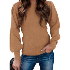 Zeagoo Womens Sweaters Fall 2026 Dressy Casual Long Sleeve Shirts Ribbed Knit Winter Outfits Puff Pullover Jumper Tops(A Khaki)