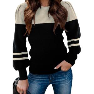 Zeagoo Womens Sweaters Fall 2026 Dressy Casual Long Sleeve Shirts Ribbed Knit Winter Outfits Puff Pullover Jumper Tops(B Apricot Black)