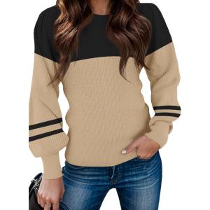 Zeagoo Womens Sweaters Fall 2026 Dressy Casual Long Sleeve Shirts Ribbed Knit Winter Outfits Puff Pullover Jumper Tops(B Black Khaki)