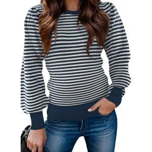 Zeagoo Womens Sweaters Fall 2026 Dressy Casual Long Sleeve Shirts Ribbed Knit Winter Outfits Puff Pullover Jumper Tops(B Blue Stripe)