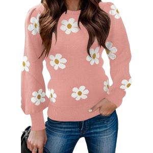 Zeagoo Womens Sweaters Fall 2026 Dressy Casual Long Sleeve Shirts Ribbed Knit Winter Outfits Puff Pullover Jumper Tops(B Floral Pink)