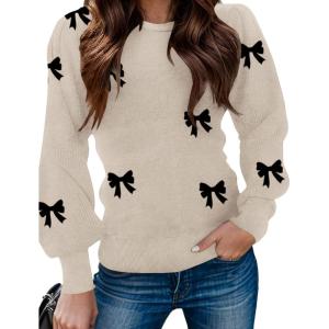 Zeagoo Womens Sweaters Fall 2026 Dressy Casual Long Sleeve Shirts Ribbed Knit Winter Outfits Puff Pullover Jumper Tops(Bowknot Apricot)