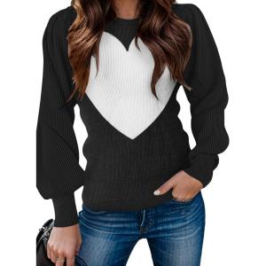 Zeagoo Womens Sweaters Fall 2026 Dressy Casual Long Sleeve Shirts Ribbed Knit Winter Outfits Puff Pullover Jumper Tops(C Black White Heart)