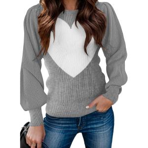 Zeagoo Womens Sweaters Fall 2026 Dressy Casual Long Sleeve Shirts Ribbed Knit Winter Outfits Puff Pullover Jumper Tops(C Grey White Heart)