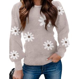 Zeagoo Womens Sweaters Fall 2026 Dressy Casual Long Sleeve Shirts Ribbed Knit Winter Outfits Puff Pullover Jumper Tops(Flower White)