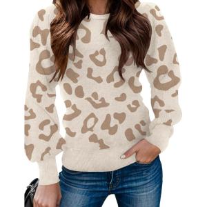 Zeagoo Womens Sweaters Fall 2026 Dressy Casual Long Sleeve Shirts Ribbed Knit Winter Outfits Puff Pullover Jumper Tops(Leopard Print)