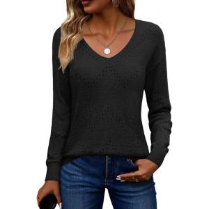 Zeagoo Womens Sweaters Fall Trendy Casual Long Sleeve Shirt Lightweight V Neck Off Shoulder Crochet Pullover Top Outfit(B-black)