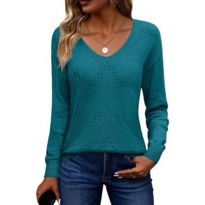 Zeagoo Womens Sweaters Fall Trendy Casual Long Sleeve Shirt Lightweight V Neck Off Shoulder Crochet Pullover Top Outfit(B-blue Green)
