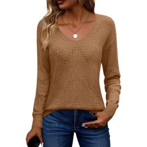 Zeagoo Womens Sweaters Fall Trendy Casual Long Sleeve Shirt Lightweight V Neck Off Shoulder Crochet Pullover Top Outfit(B-brown)