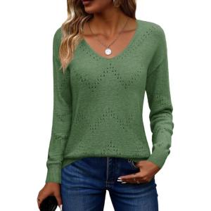 Zeagoo Womens Sweaters Fall Trendy Casual Long Sleeve Shirt Lightweight V Neck Off Shoulder Crochet Pullover Top Outfit(B-gray Green)
