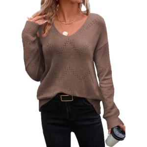 Zeagoo Womens Sweaters Fall Trendy Casual Long Sleeve Shirt Lightweight V Neck Off Shoulder Crochet Pullover Top Outfit(B-nutmeg)