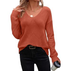 Zeagoo Womens Sweaters Fall Trendy Casual Long Sleeve Shirt Lightweight V Neck Off Shoulder Crochet Pullover Top Outfit(B-orange)
