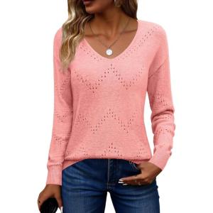 Zeagoo Womens Sweaters Fall Trendy Casual Long Sleeve Shirt Lightweight V Neck Off Shoulder Crochet Pullover Top Outfit(B-pink)