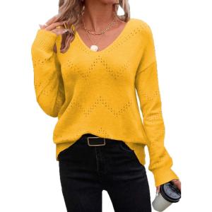 Zeagoo Womens Sweaters Fall Trendy Casual Long Sleeve Shirt Lightweight V Neck Off Shoulder Crochet Pullover Top Outfit(B-yellow)