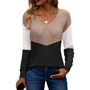 Zeagoo Womens Sweaters Fall Trendy Casual Long Sleeve Shirt Lightweight V Neck Off Shoulder Crochet Pullover Top Outfit(F-black White Apricot)
