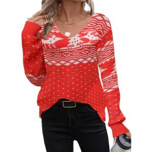 Zeagoo Womens Sweaters Fall Trendy Casual Long Sleeve Shirt Lightweight V Neck Off Shoulder Crochet Pullover Top Outfit(F-christmas)