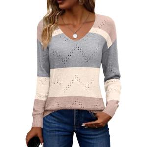 Zeagoo Womens Sweaters Fall Trendy Casual Long Sleeve Shirt Lightweight V Neck Off Shoulder Crochet Pullover Top Outfit(F-colorblock Camel)