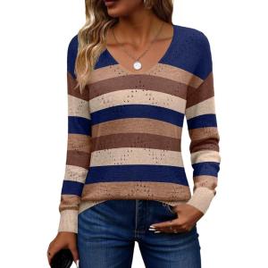 Zeagoo Womens Sweaters Fall Trendy Casual Long Sleeve Shirt Lightweight V Neck Off Shoulder Crochet Pullover Top Outfit(F-colorblock Striped)