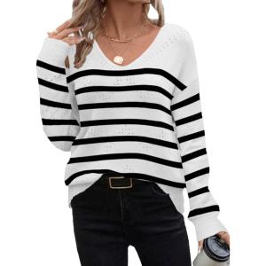 Zeagoo Womens Sweaters Fall Trendy Casual Long Sleeve Shirt Lightweight V Neck Off Shoulder Crochet Pullover Top Outfit(White Stripe)