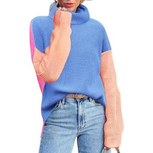 Zeagoo Womens Turtleneck Sweater Fall Fashion 2025 Long Sleeve Chunky Knitted Pullover Color Block Trendy Jumper Top(Blue)