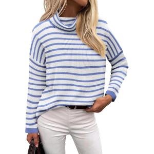 Zeagoo Womens Turtleneck Sweater Fall Fashion 2025 Long Sleeve Chunky Knitted Pullover Color Block Trendy Jumper Top(Blue and White Stripes)