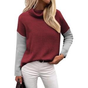Zeagoo Womens Turtleneck Sweater Fall Fashion 2025 Long Sleeve Chunky Knitted Pullover Color Block Trendy Jumper Top(Brick-red)