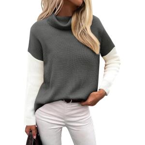 Zeagoo Womens Turtleneck Sweater Fall Fashion 2025 Long Sleeve Chunky Knitted Pullover Color Block Trendy Jumper Top(Gray)