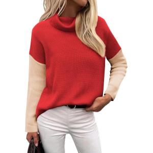 Zeagoo Womens Turtleneck Sweater Fall Fashion 2025 Long Sleeve Chunky Knitted Pullover Color Block Trendy Jumper Top(Red-orange)