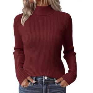 Zeagoo Women’s Turtleneck Sweaters 2026 Fall Fitted Long Sleeve Pullover Sweater Ribbed Knit Basic Tops(Wine Red)