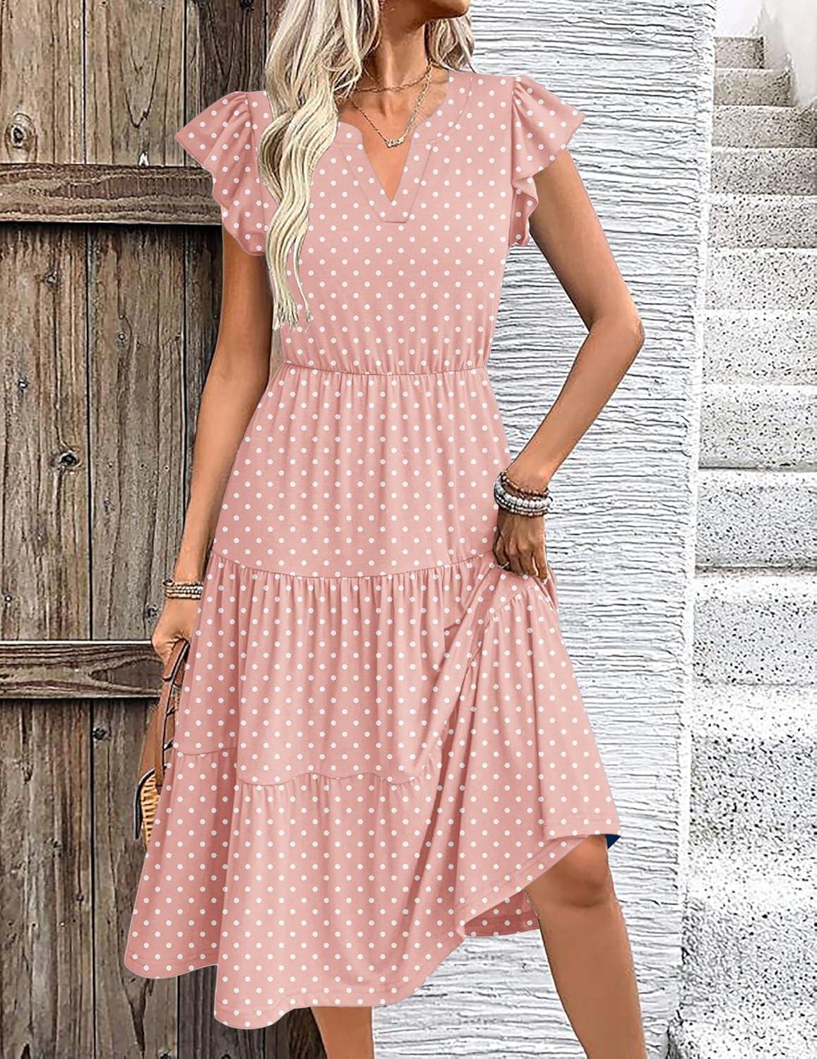 imageZEAGOO Summer Dresses for Women 2026 Ruffle Sleeve Midi Dress Flowy Tiered Dress with PocketsPink Round Dot