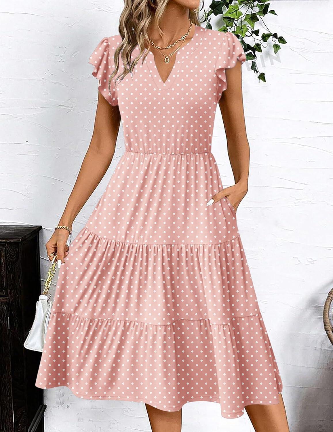 imageZEAGOO Summer Dresses for Women 2026 Ruffle Sleeve Midi Dress Flowy Tiered Dress with PocketsPink Round Dot
