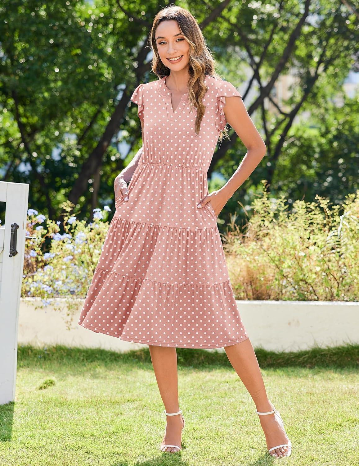 imageZEAGOO Summer Dresses for Women 2026 Ruffle Sleeve Midi Dress Flowy Tiered Dress with PocketsPink Round Dot