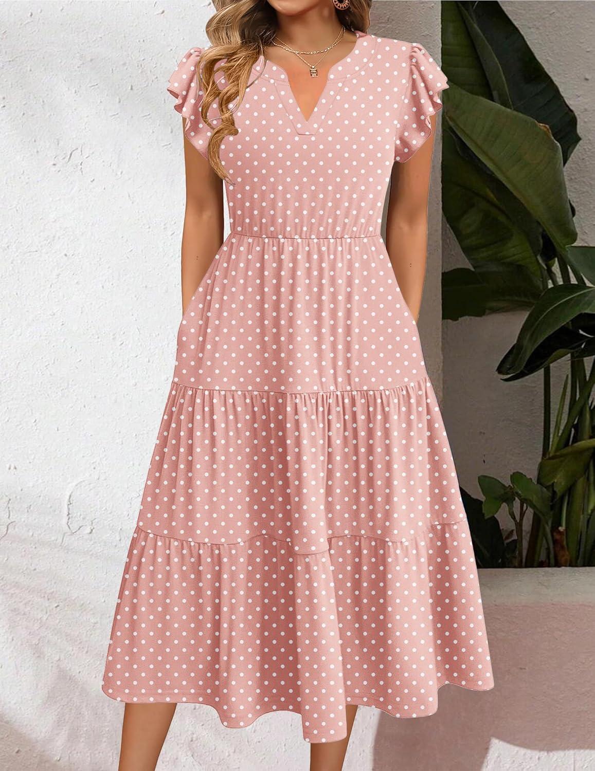 imageZEAGOO Summer Dresses for Women 2026 Ruffle Sleeve Midi Dress Flowy Tiered Dress with PocketsPink Round Dot