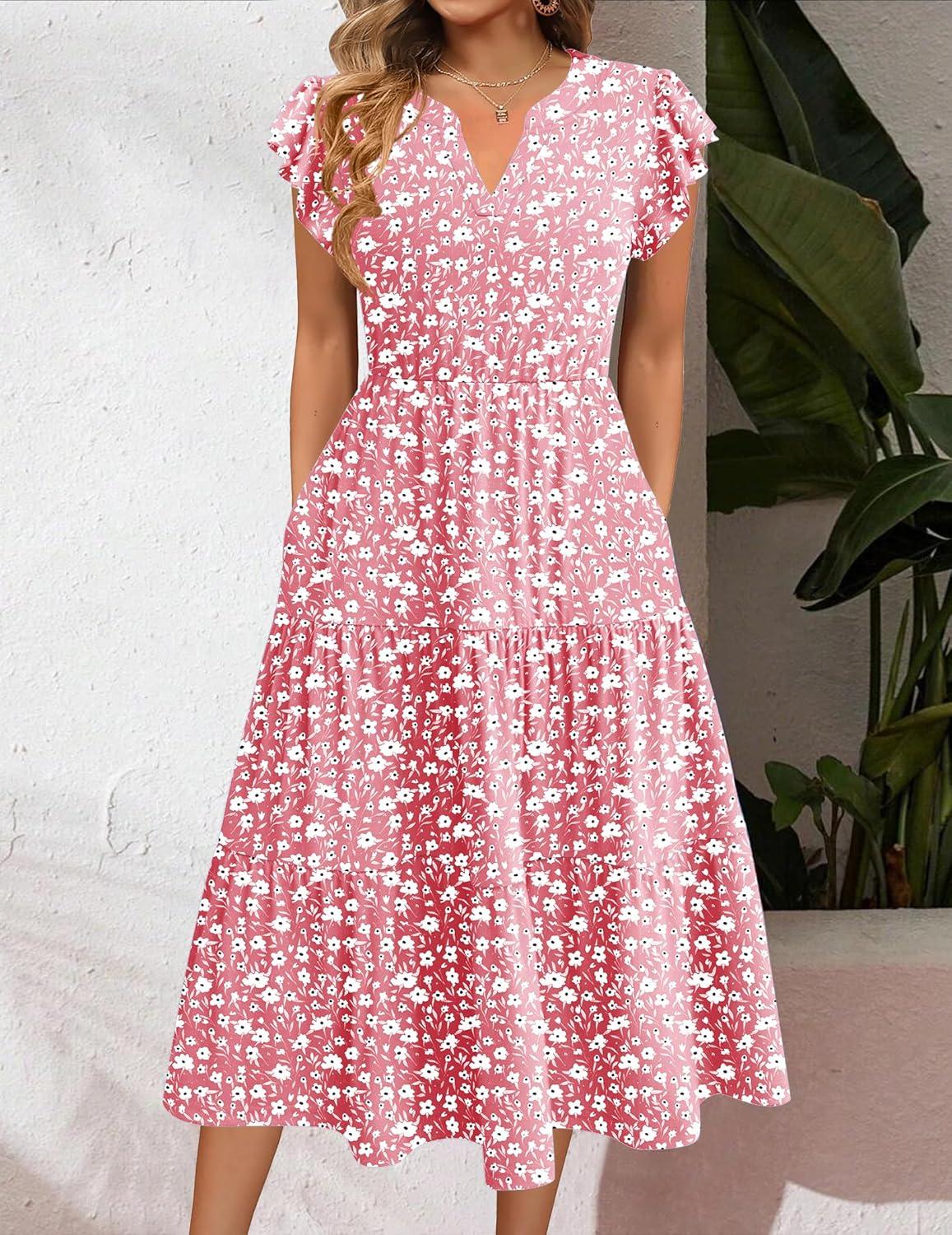 imageZEAGOO Summer Dresses for Women 2026 Ruffle Sleeve Midi Dress Flowy Tiered Dress with PocketsPinkfloralprinted