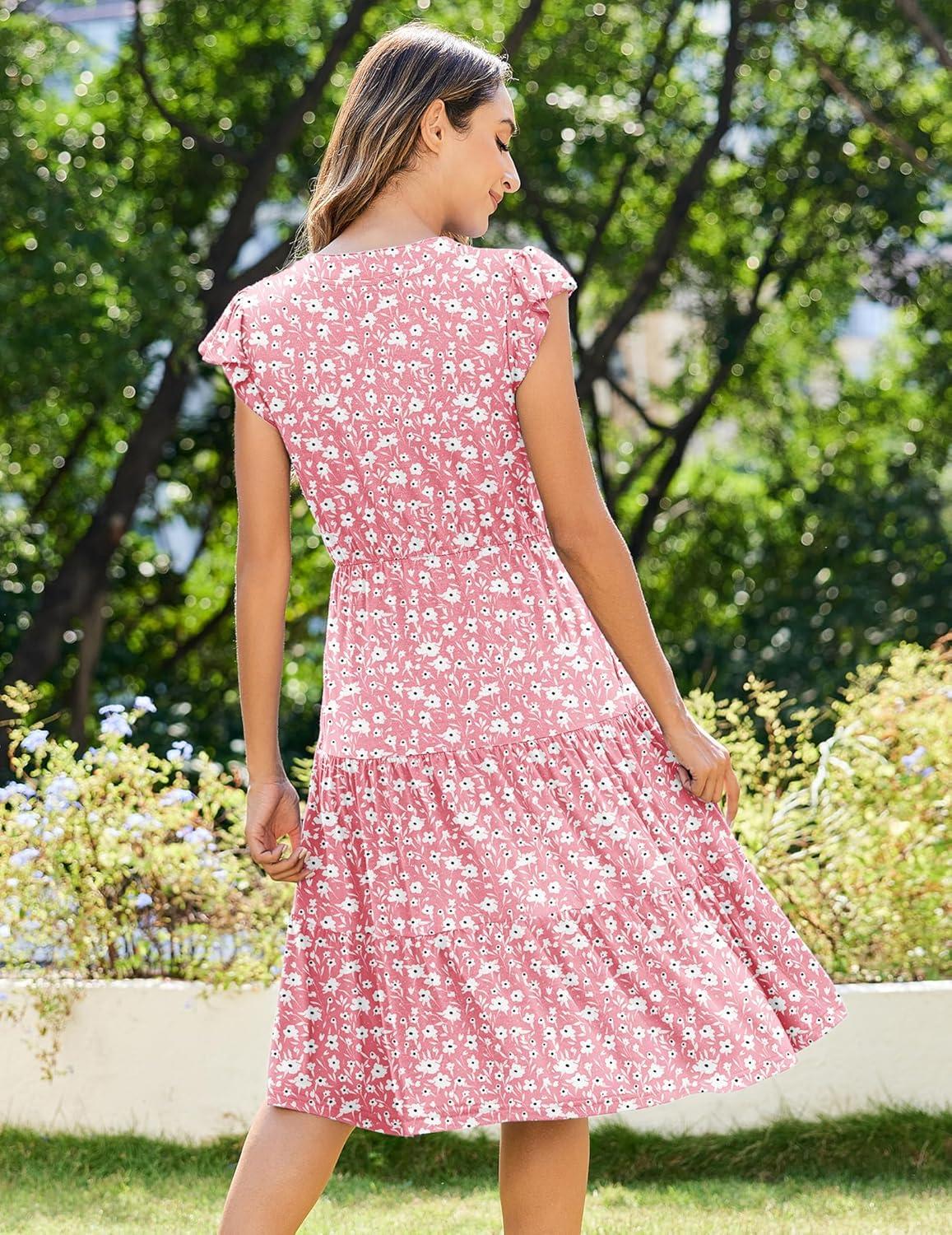 imageZEAGOO Summer Dresses for Women 2026 Ruffle Sleeve Midi Dress Flowy Tiered Dress with PocketsPinkfloralprinted