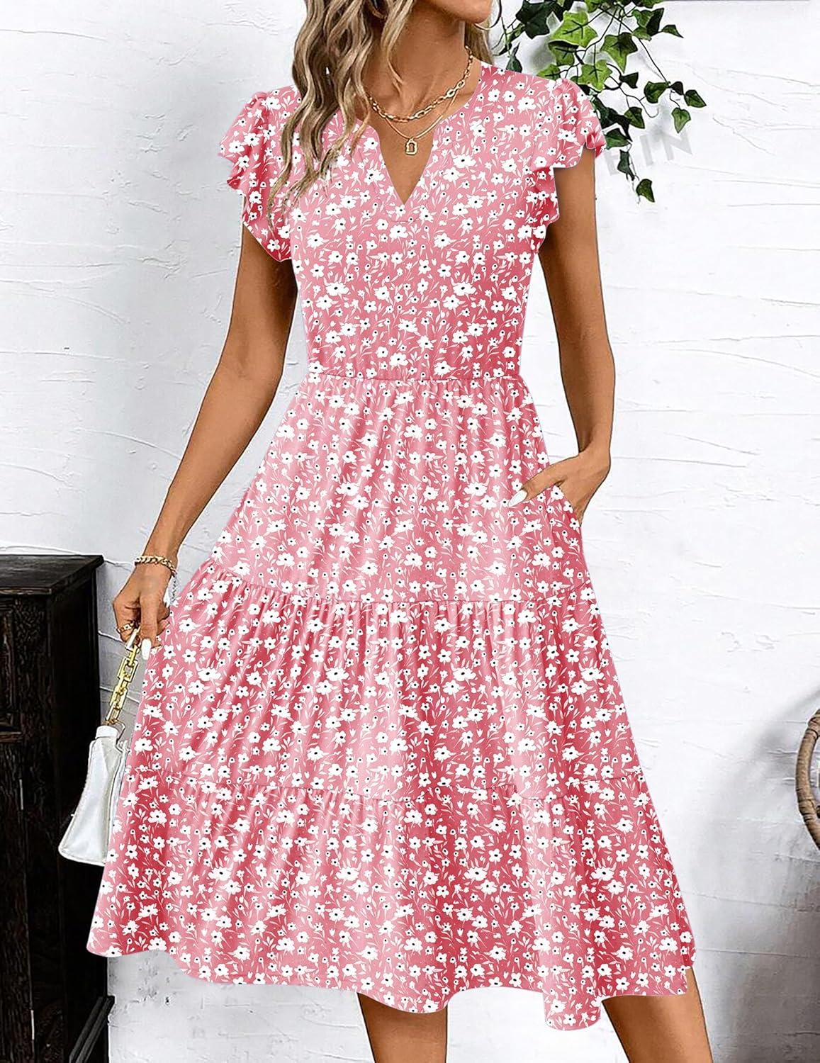 imageZEAGOO Summer Dresses for Women 2026 Ruffle Sleeve Midi Dress Flowy Tiered Dress with PocketsPinkfloralprinted