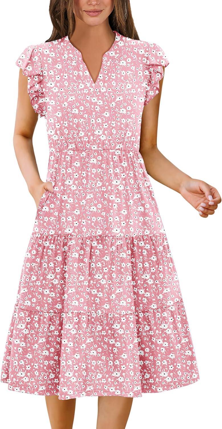 imageZEAGOO Summer Dresses for Women 2026 Ruffle Sleeve Midi Dress Flowy Tiered Dress with PocketsPinkfloralprinted