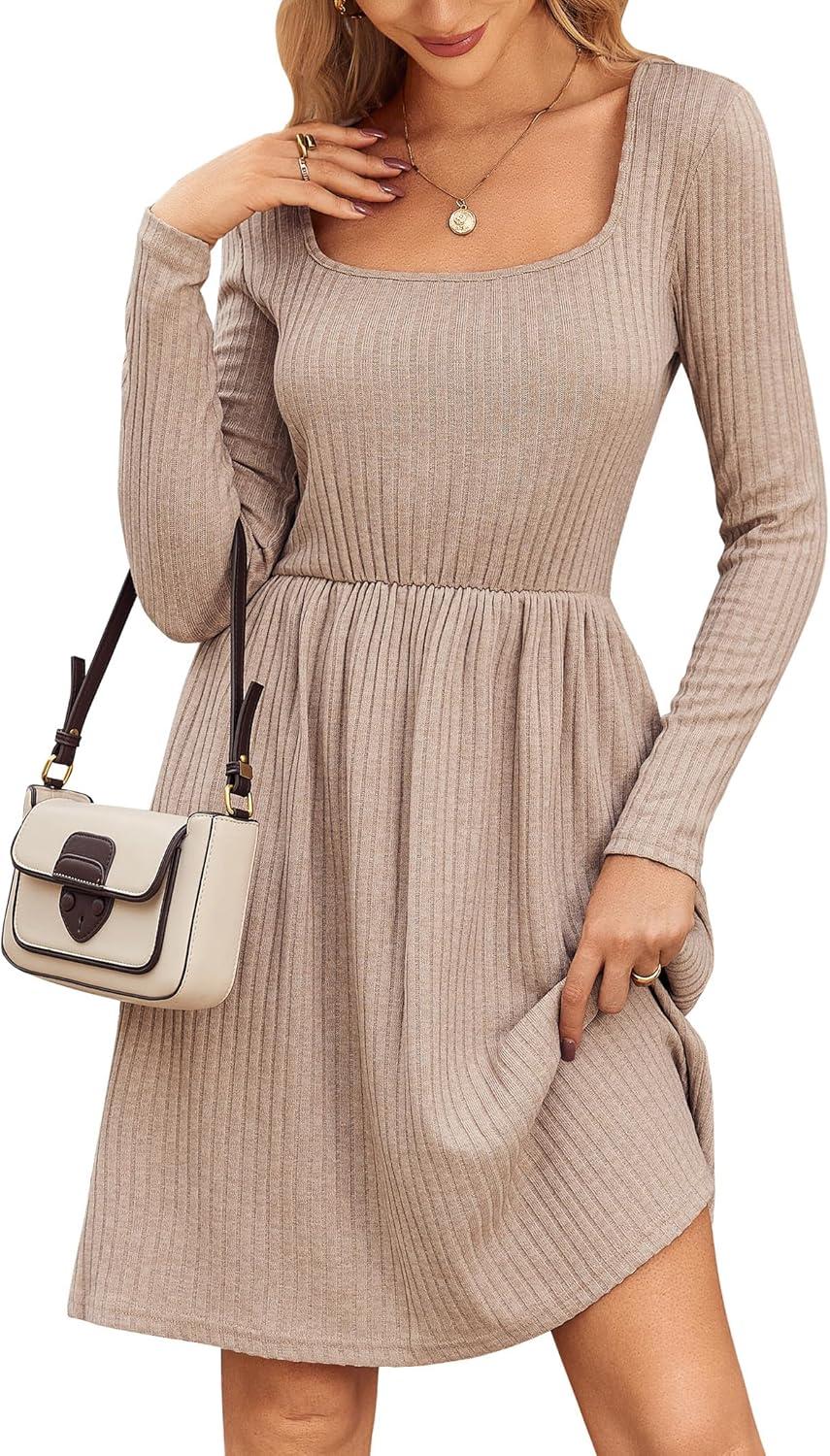 imageZEAGOO Women Dresses Spring Fall 2026 Sweater Dress Long Sleeve Casual Knit Dresses with PocketsApricot