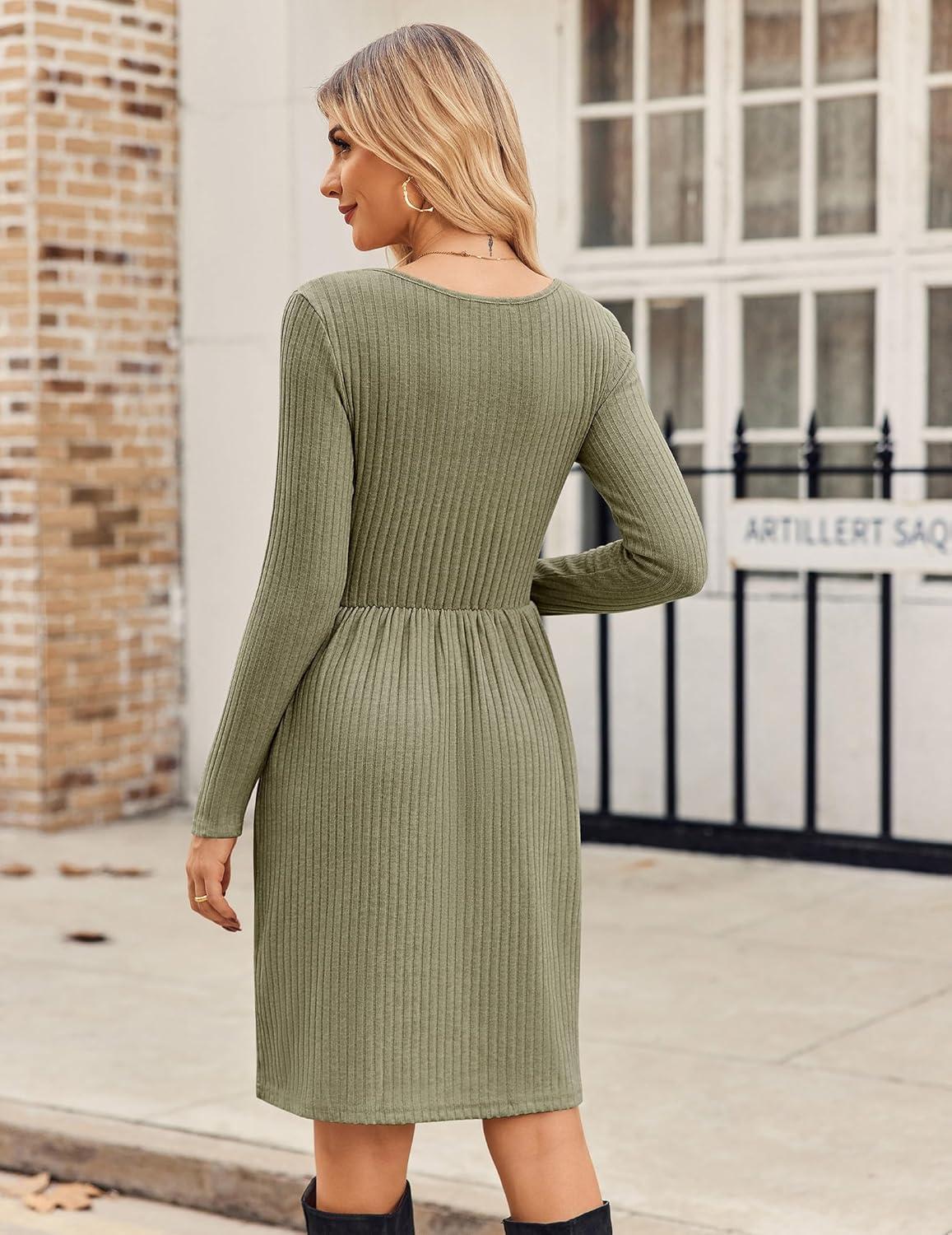 imageZEAGOO Women Dresses Spring Fall 2026 Sweater Dress Long Sleeve Casual Knit Dresses with PocketsArmy Green