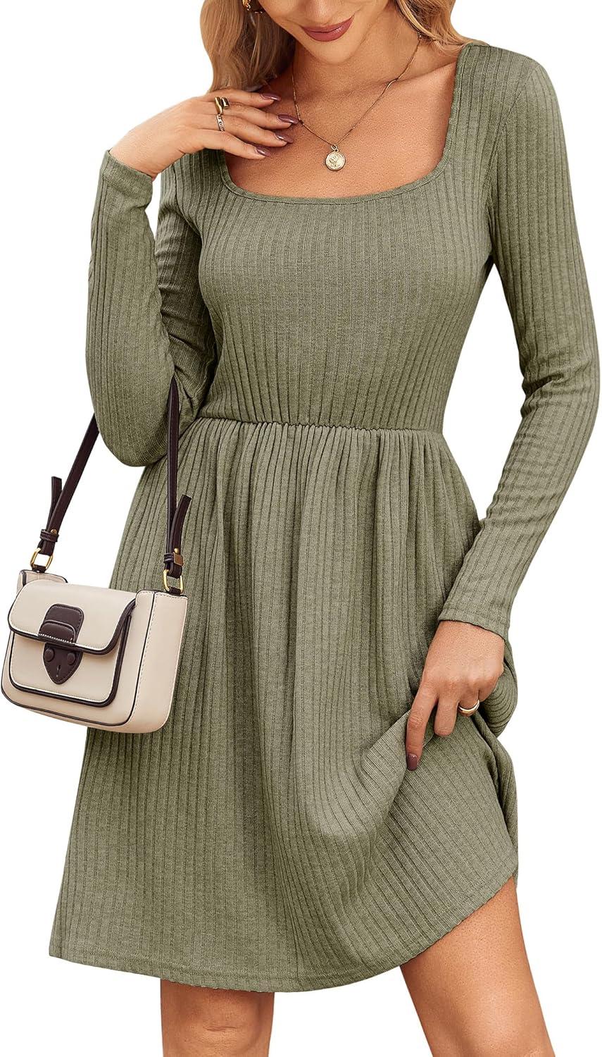 imageZEAGOO Women Dresses Spring Fall 2026 Sweater Dress Long Sleeve Casual Knit Dresses with PocketsArmy Green