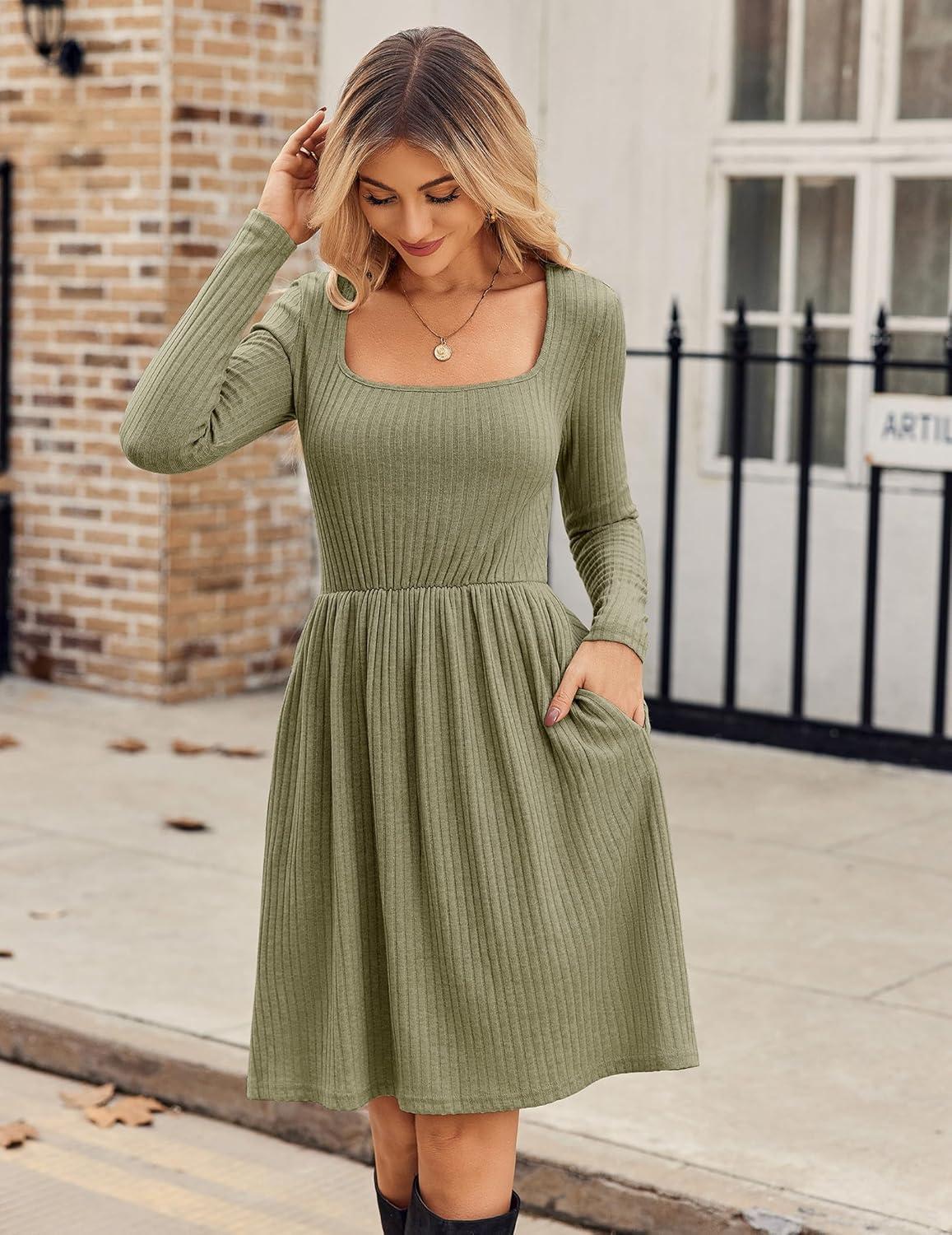 imageZEAGOO Women Dresses Spring Fall 2026 Sweater Dress Long Sleeve Casual Knit Dresses with PocketsArmy Green