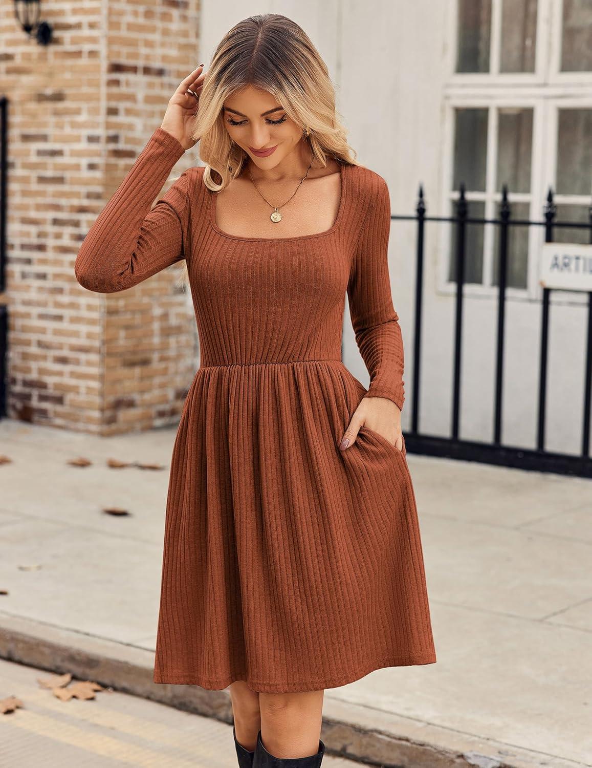 imageZEAGOO Women Dresses Spring Fall 2026 Sweater Dress Long Sleeve Casual Knit Dresses with PocketsCaramel