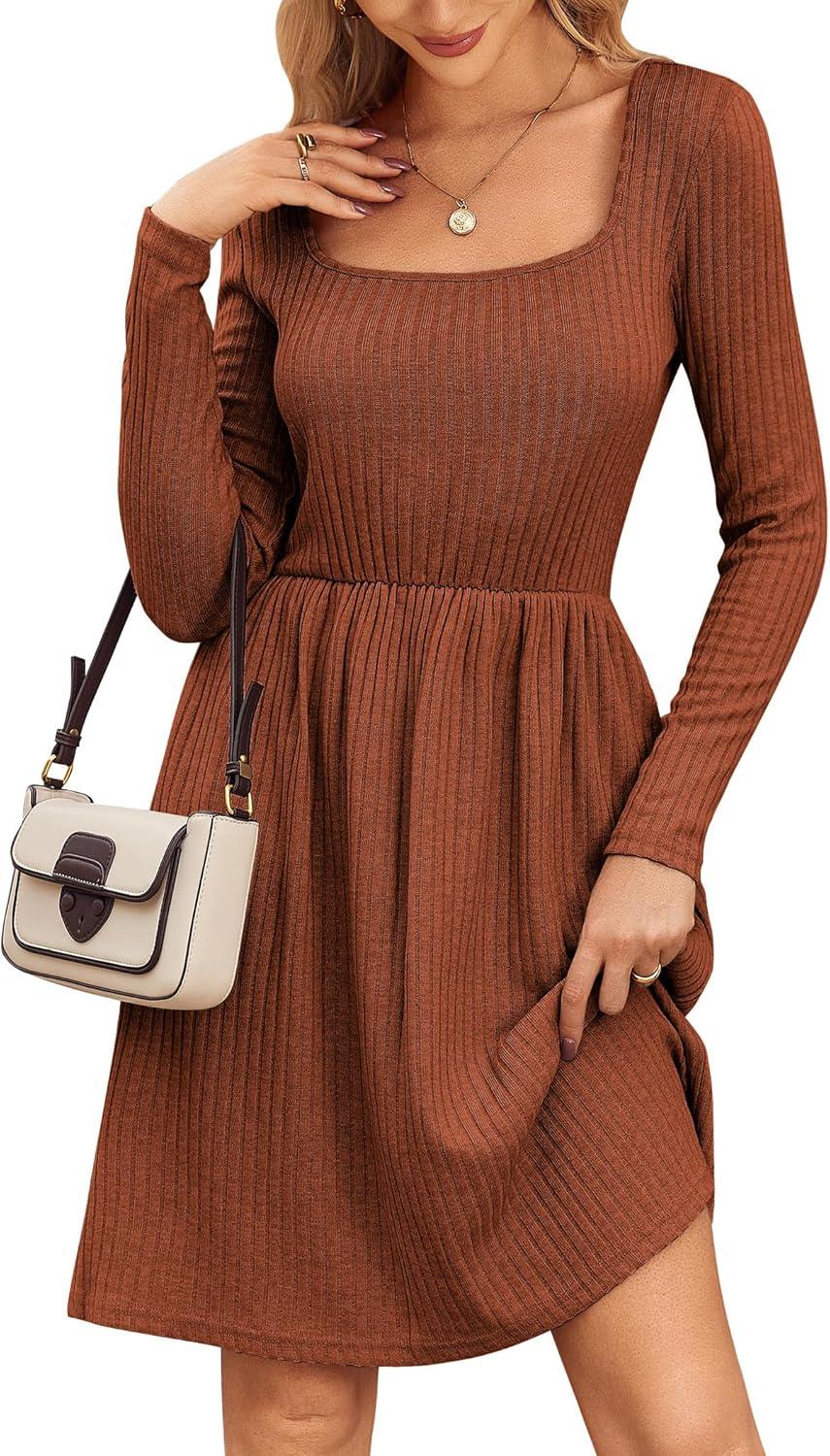 imageZEAGOO Women Dresses Spring Fall 2026 Sweater Dress Long Sleeve Casual Knit Dresses with PocketsCaramel