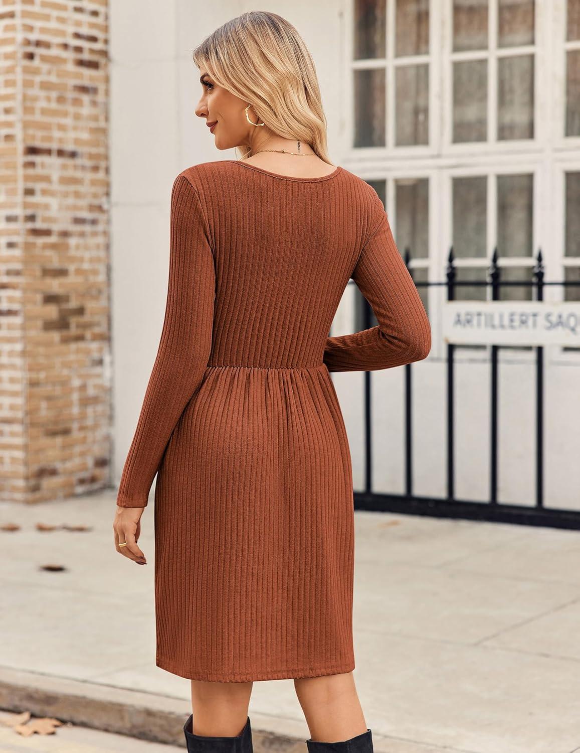 imageZEAGOO Women Dresses Spring Fall 2026 Sweater Dress Long Sleeve Casual Knit Dresses with PocketsCaramel