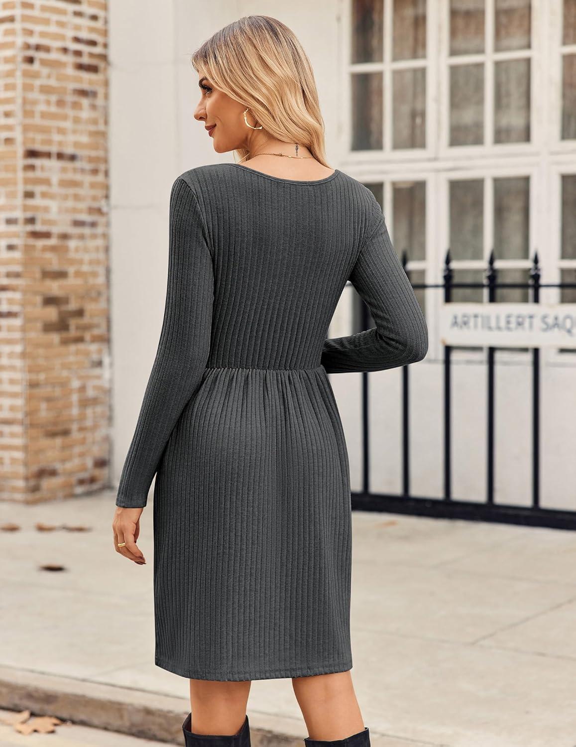 imageZEAGOO Women Dresses Spring Fall 2026 Sweater Dress Long Sleeve Casual Knit Dresses with PocketsDark Grey