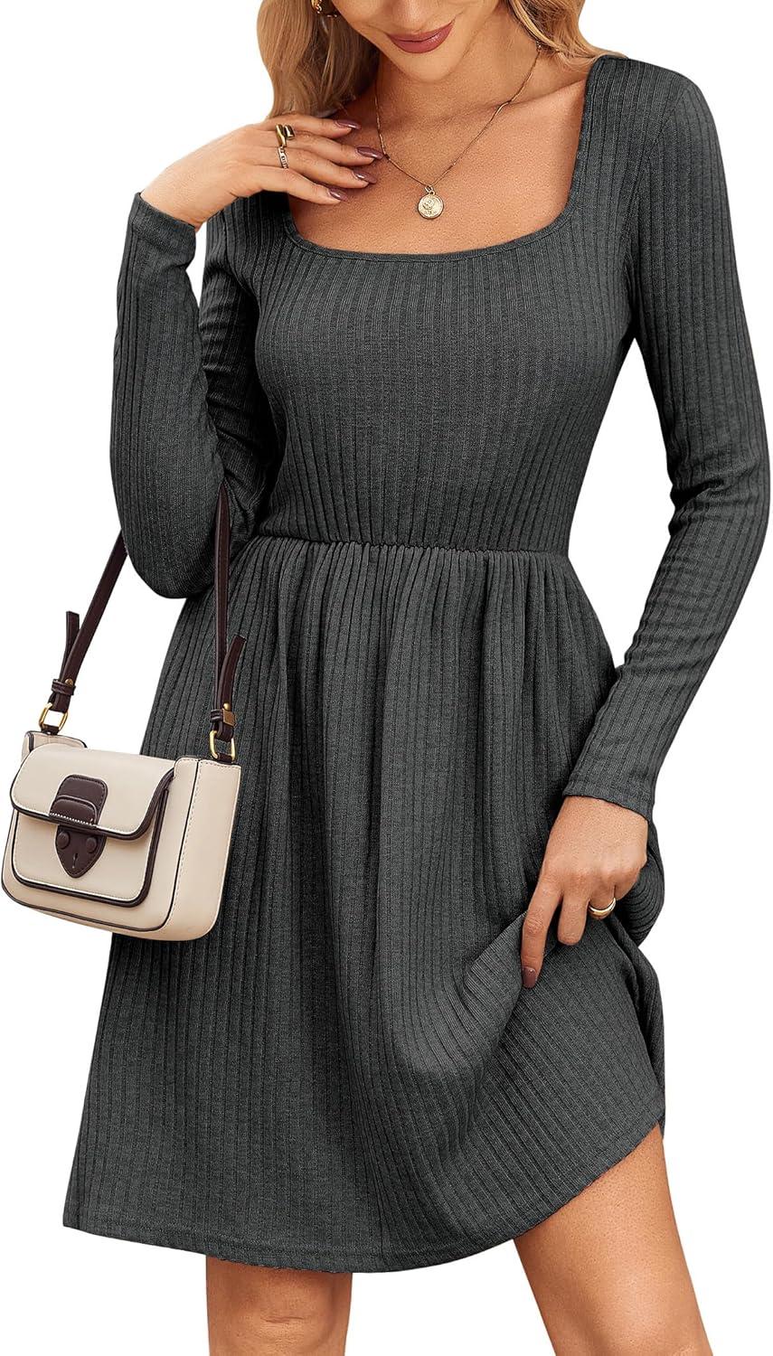 imageZEAGOO Women Dresses Spring Fall 2026 Sweater Dress Long Sleeve Casual Knit Dresses with PocketsDark Grey