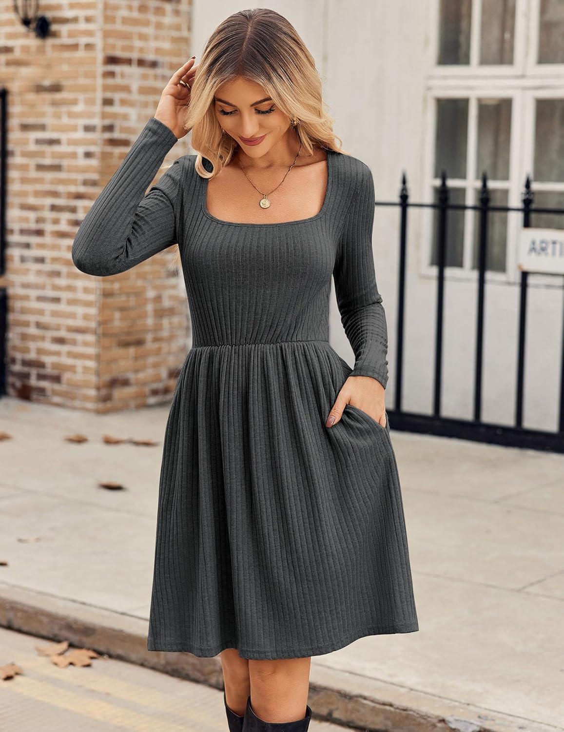 imageZEAGOO Women Dresses Spring Fall 2026 Sweater Dress Long Sleeve Casual Knit Dresses with PocketsDark Grey